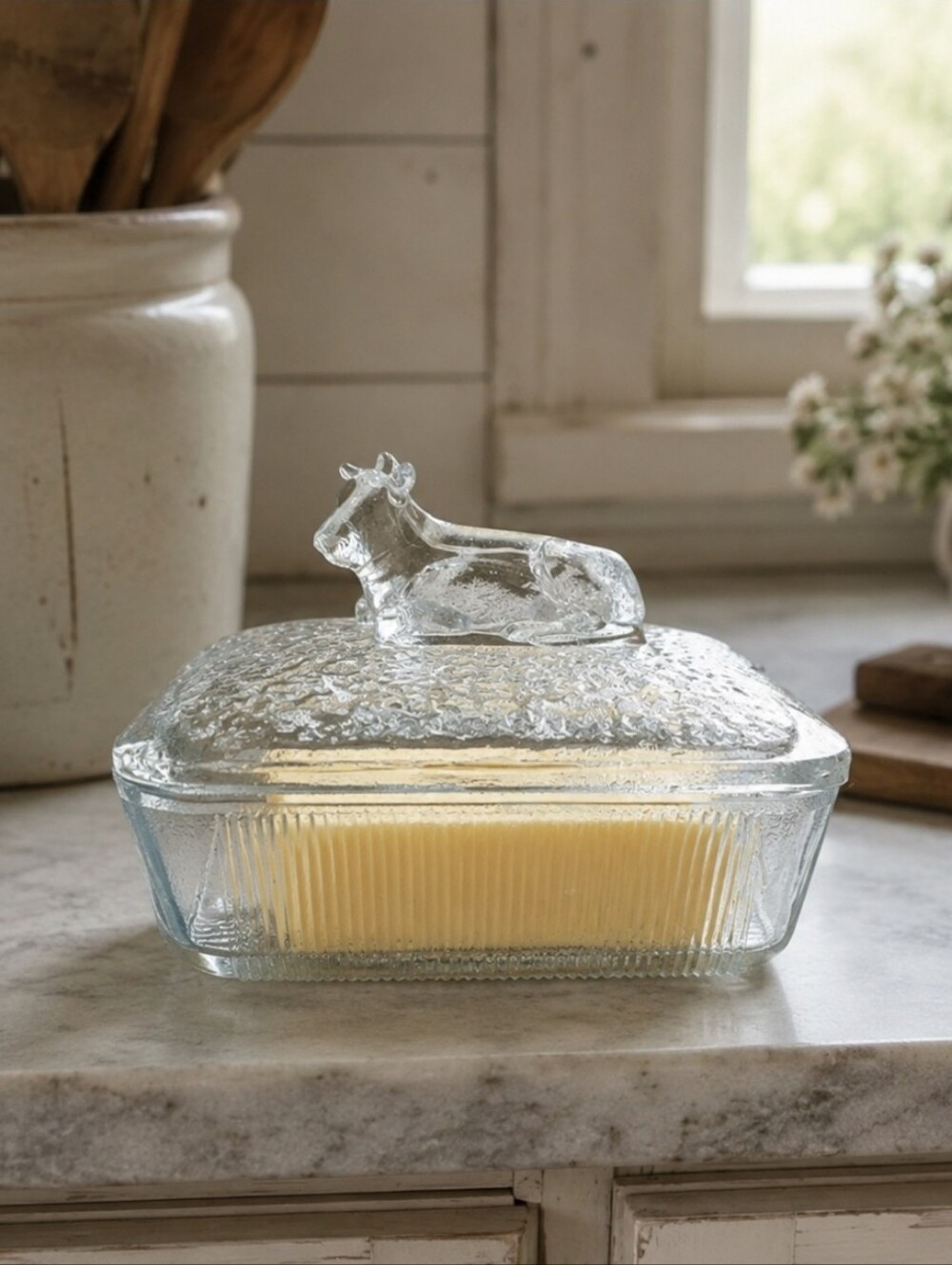 Crate & Barrel Clear Glass Covered Butter Dish with Cow Lid Holds 4 Sticks CHIP